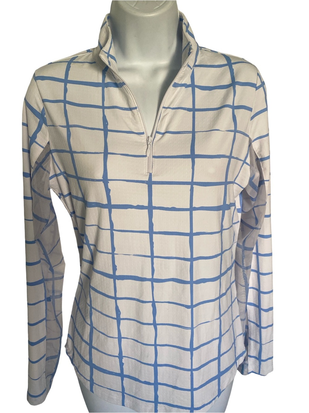 IBKUL Cream Long-Sleeve Quarter-Zip Top with Light Blue Grid- S
